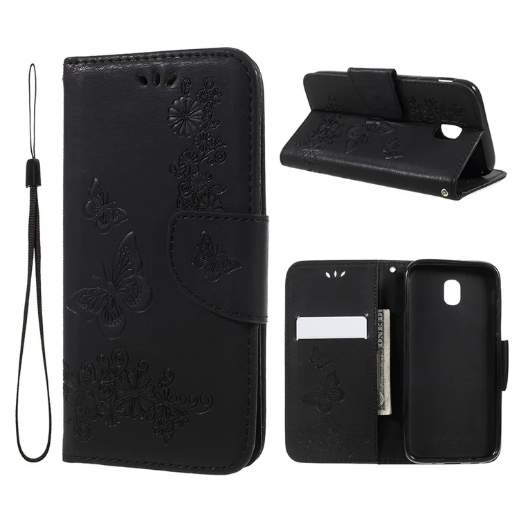 Imprint Butterfly Flower Wallet Leather Phone Case with Lanyard for Samsung Galaxy J5 (2017) EU Version - Black