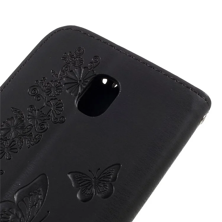 Imprint Butterfly Flower Wallet Leather Phone Case with Lanyard for Samsung Galaxy J5 (2017) EU Version - Black