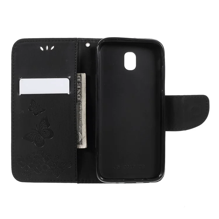 Imprint Butterfly Flower Wallet Leather Phone Case with Lanyard for Samsung Galaxy J5 (2017) EU Version - Black