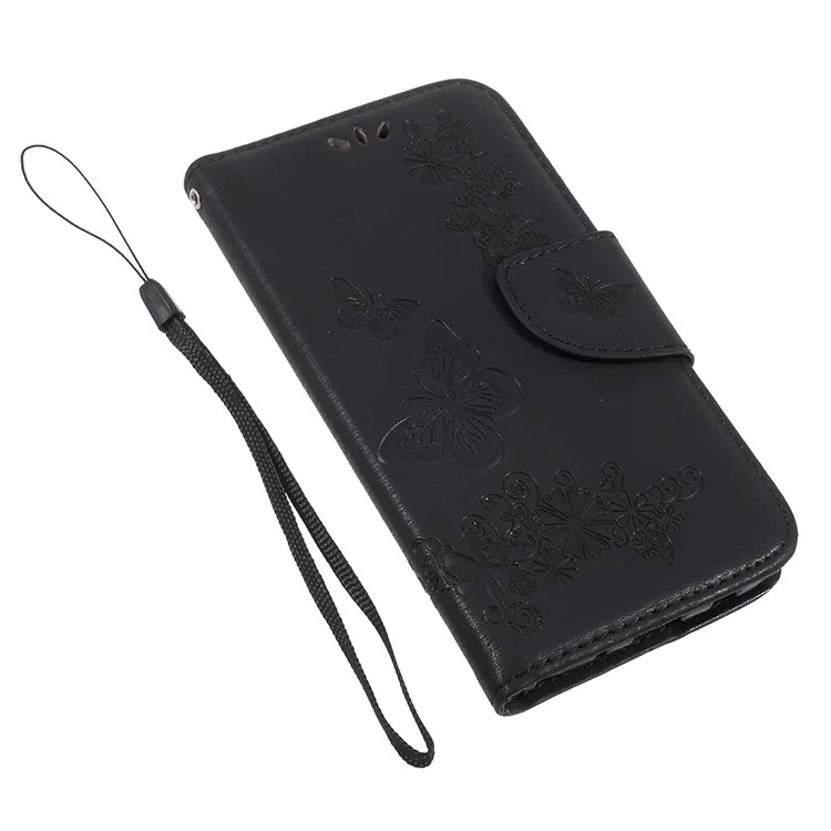 Imprint Butterfly Flower Wallet Leather Phone Case with Lanyard for Samsung Galaxy J5 (2017) EU Version - Black