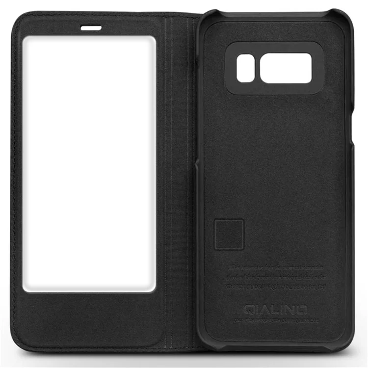 QIALINO for Samsung Galaxy S8 G950 Grid Texture Genuine Leather View Window Smart Case with Stand - Black