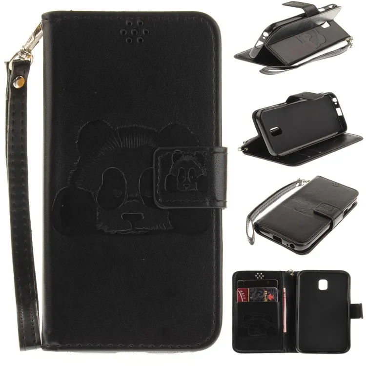 For Samsung Galaxy J3 (2017) J330 EU Version Imprinted Panda Card Slots Leather Stand Protective Shell - Black