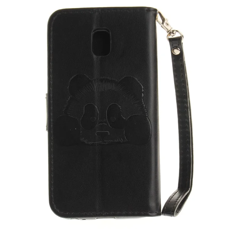 For Samsung Galaxy J3 (2017) J330 EU Version Imprinted Panda Card Slots Leather Stand Protective Shell - Black