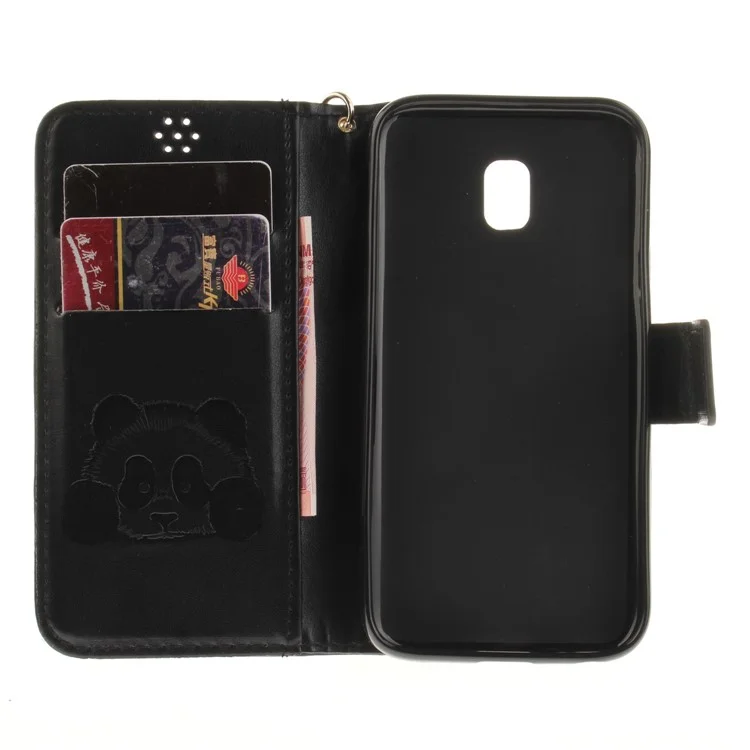 For Samsung Galaxy J3 (2017) J330 EU Version Imprinted Panda Card Slots Leather Stand Protective Shell - Black