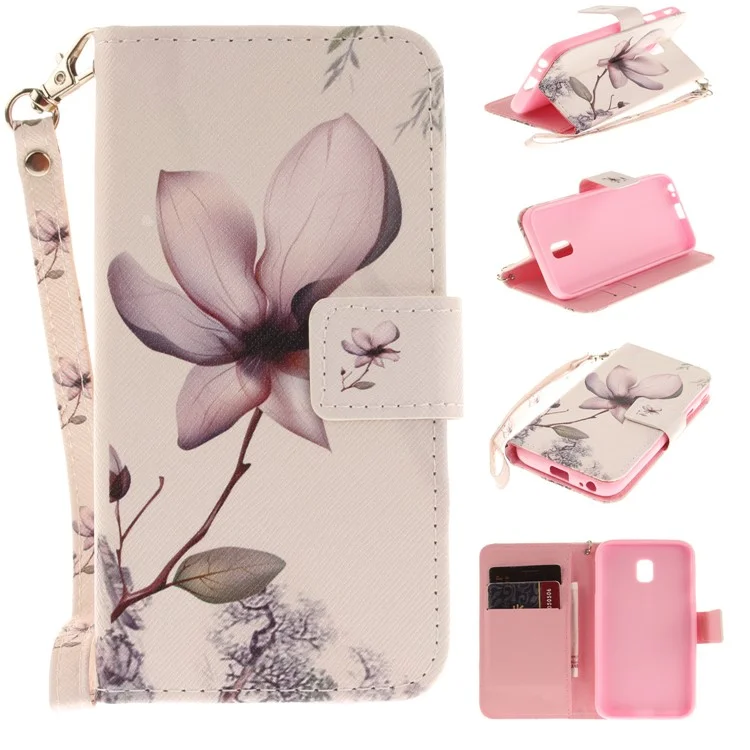 Patterned Wallet Leather Stand Phone Case with Strap for Samsung Galaxy J3 (2017) J330 EU Version - Flower Pattern