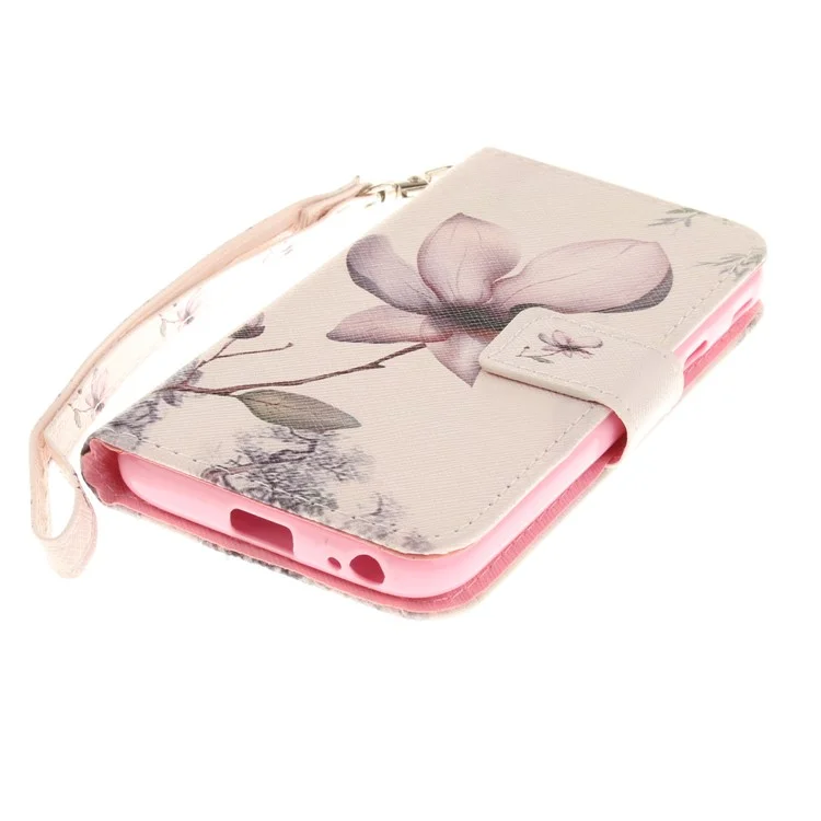 Patterned Wallet Leather Stand Phone Case with Strap for Samsung Galaxy J3 (2017) J330 EU Version - Flower Pattern