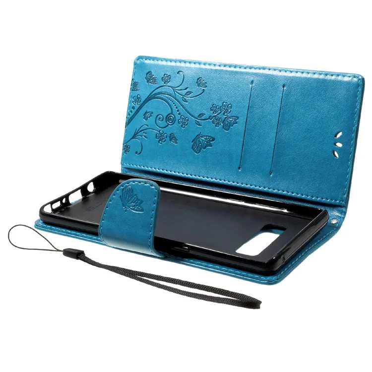For Samsung Galaxy Note 8 Imprinted Butterfly Flora Leather Wallet Protection Shell - Blue