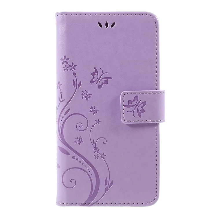 Imprint Flower Butterfly Pattern Wallet Leather Protection Flip Case Cover for Samsung Galaxy J5 (2017) EU Version / J5 Pro (2017) - Light Purple