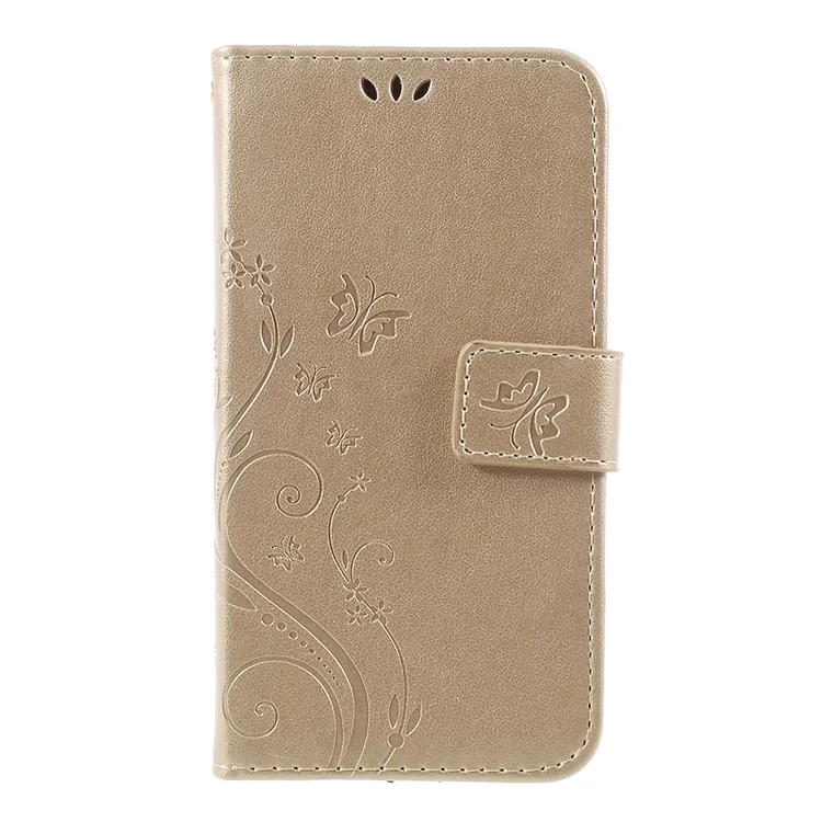 Impreinte Flower Butterfly Pattern Portefeuille en Cuir Flip Stand Mobile Case Pour Samsung Galaxy J3 (2017) Version de L'ue / J3 Pro (2017) - or