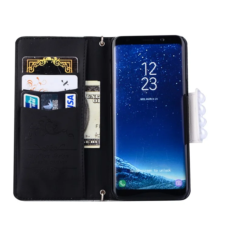 Pearl Decorated Flower Patterned Wallet Leather Mobile Case for Samsung Galaxy S8 SM-G950 - White Flower