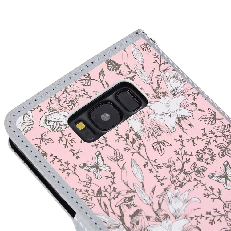 Pearl Decorated Flower Patterned Wallet Leather Mobile Case for Samsung Galaxy S8 SM-G950 - White Flower