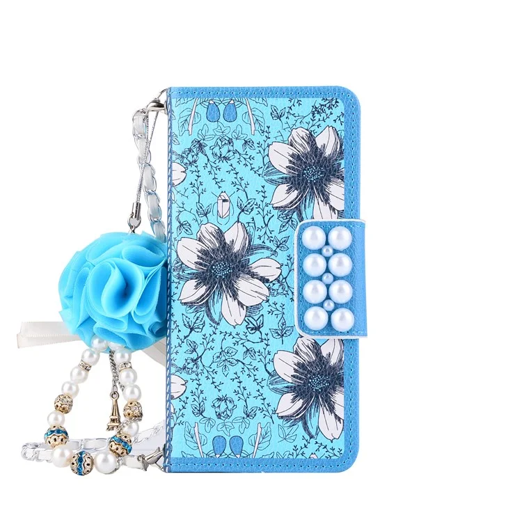 Pearl Decorated Flower Patterned Wallet Leather Mobile Cover for Samsung Galaxy S8 SM-G950 - Blue Flower