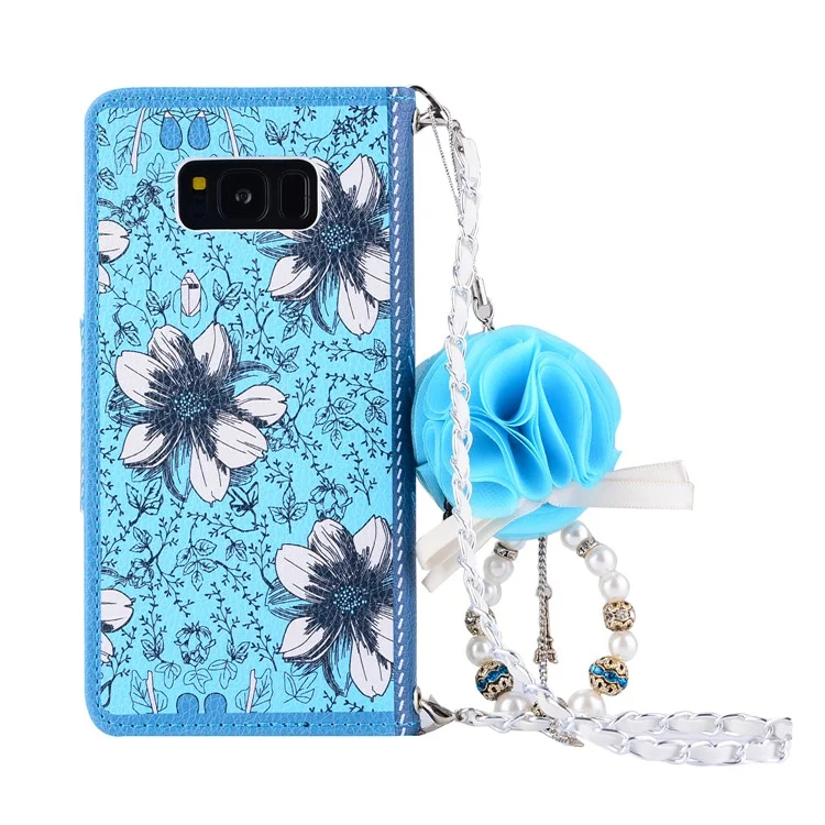 Pearl Decorated Flower Patterned Wallet Leather Mobile Cover for Samsung Galaxy S8 SM-G950 - Blue Flower