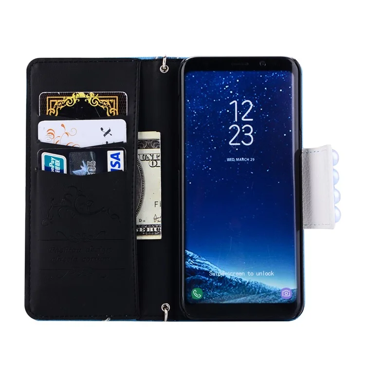 Pearl Decorated Flower Patterned Wallet Leather Mobile Cover for Samsung Galaxy S8 SM-G950 - Blue Flower