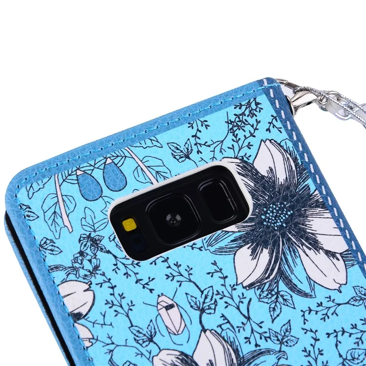 Pearl Decorated Flower Patterned Wallet Leather Mobile Cover for Samsung Galaxy S8 SM-G950 - Blue Flower