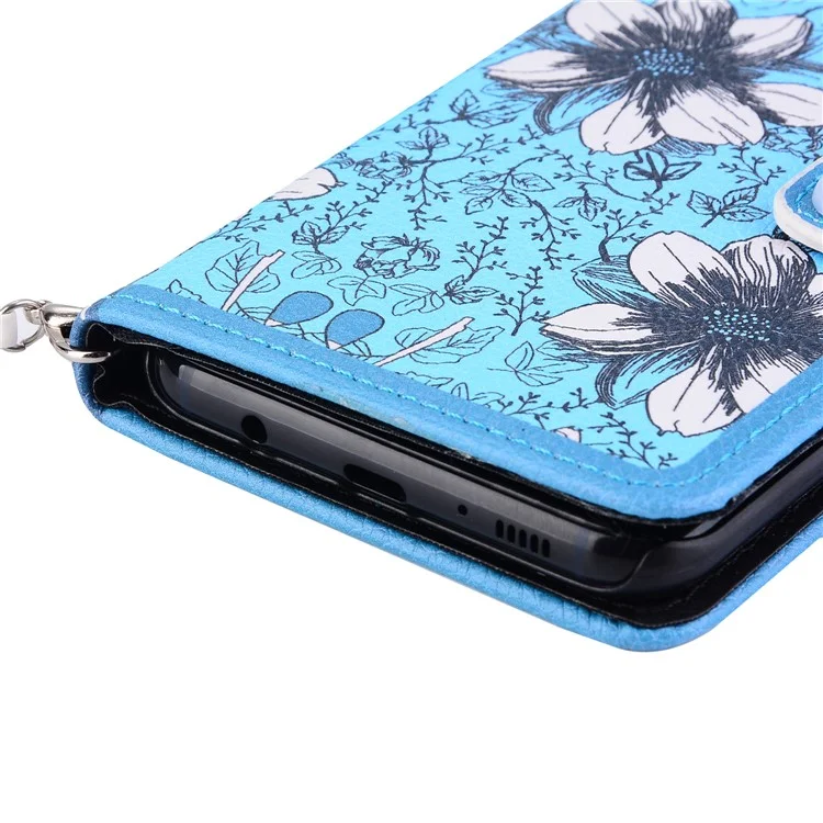 Pearl Decorated Flower Patterned Wallet Leather Mobile Cover for Samsung Galaxy S8 SM-G950 - Blue Flower