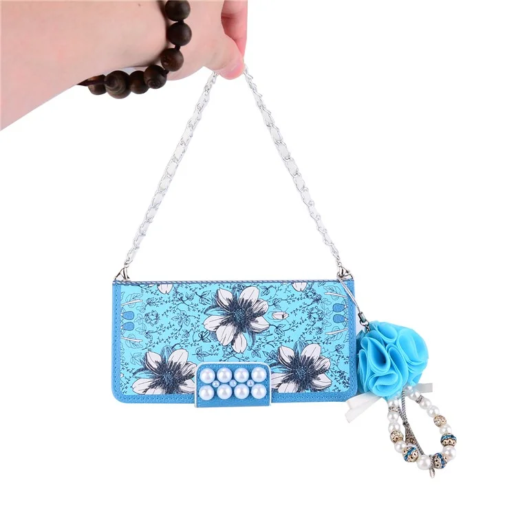 Pearl Decorated Flower Patterned Wallet Leather Mobile Cover for Samsung Galaxy S8 SM-G950 - Blue Flower