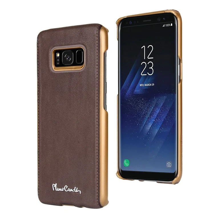 PIERRE CARDIN Genuine Leather Coated PC Back Shell for Samsung Galaxy S8 SM-G950 - Coffee