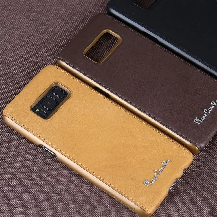 PIERRE CARDIN Genuine Leather Coated PC Back Shell for Samsung Galaxy S8 SM-G950 - Coffee
