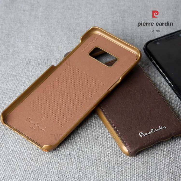 PIERRE CARDIN Genuine Leather Coated PC Back Shell for Samsung Galaxy S8+ G955 - Coffee