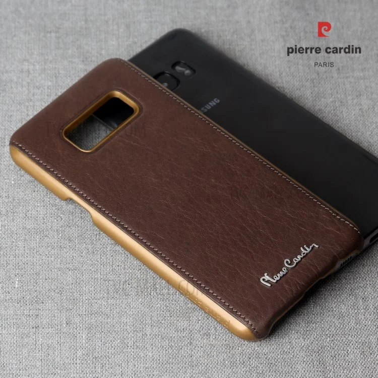 PIERRE CARDIN Genuine Leather Coated PC Back Shell for Samsung Galaxy S8+ G955 - Coffee