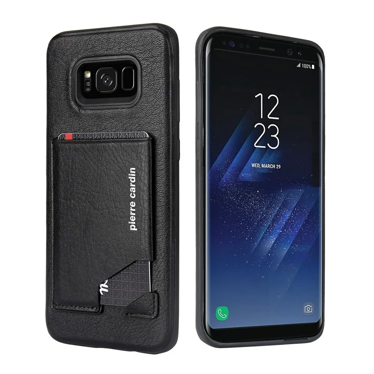 PIERRE CARDIN Genuine Leather Coated Card Slot TPU Mobile Phone Case for Samsung Galaxy S8 SM-G950 - Black