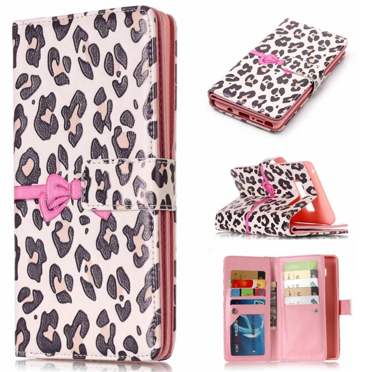 9 Card Slots Embossed Leather Wallet Case for Samsung Galaxy Note 8 SM-N950 - Beige Leopard Pattern