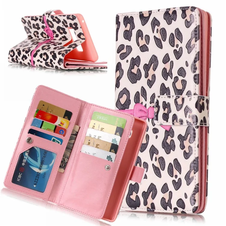 9 Card Slots Embossed Leather Wallet Case for Samsung Galaxy Note 8 SM-N950 - Beige Leopard Pattern