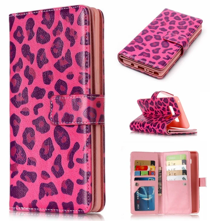 9 Card Slots Wallet Embossed Leather Stand Shell for Samsung Galaxy Note 8 SM-N950 - Rose Leopard Pattern