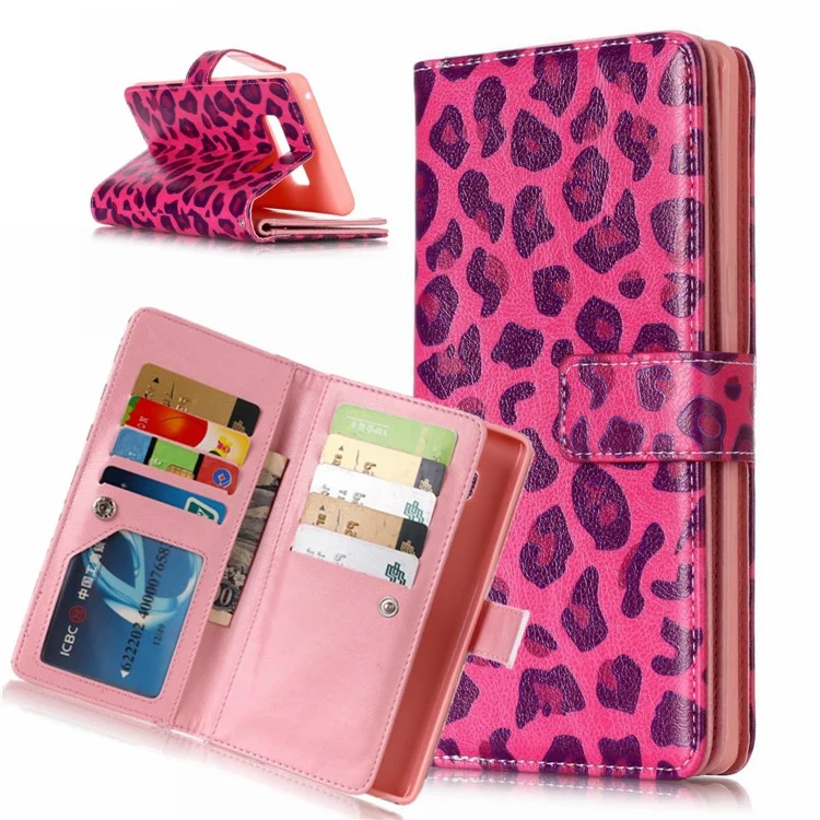 9 Card Slots Wallet Embossed Leather Stand Shell for Samsung Galaxy Note 8 SM-N950 - Rose Leopard Pattern