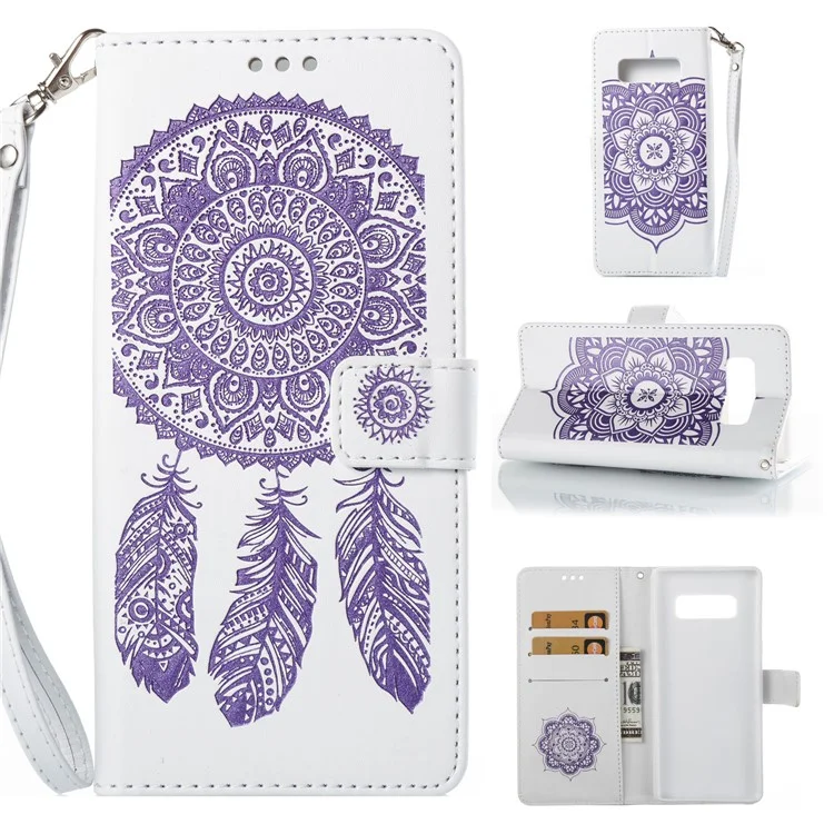 Imprint Dream Catcher Leather Wallet Stand Case Shell with Strap for Samsung Galaxy Note 8 N950 - White + Purple