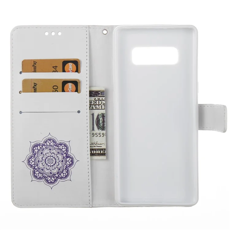 Imprint Dream Catcher Leather Wallet Stand Case Shell with Strap for Samsung Galaxy Note 8 N950 - White + Purple