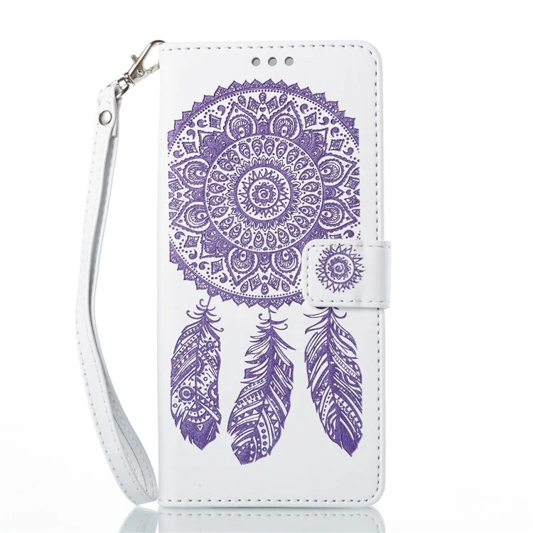 Imprint Dream Catcher Leather Wallet Stand Case Shell with Strap for Samsung Galaxy Note 8 N950 - White + Purple