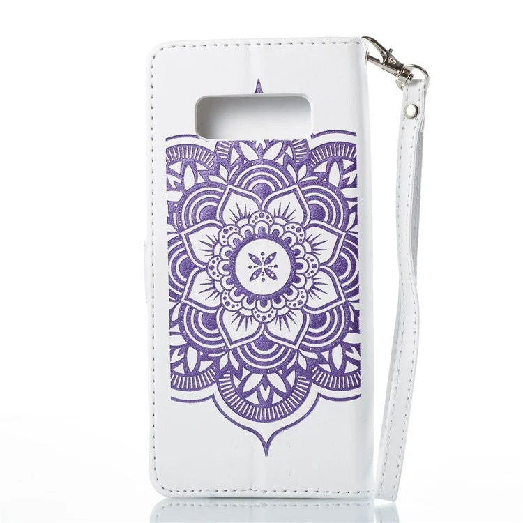 Imprint Dream Catcher Leather Wallet Stand Case Shell with Strap for Samsung Galaxy Note 8 N950 - White + Purple