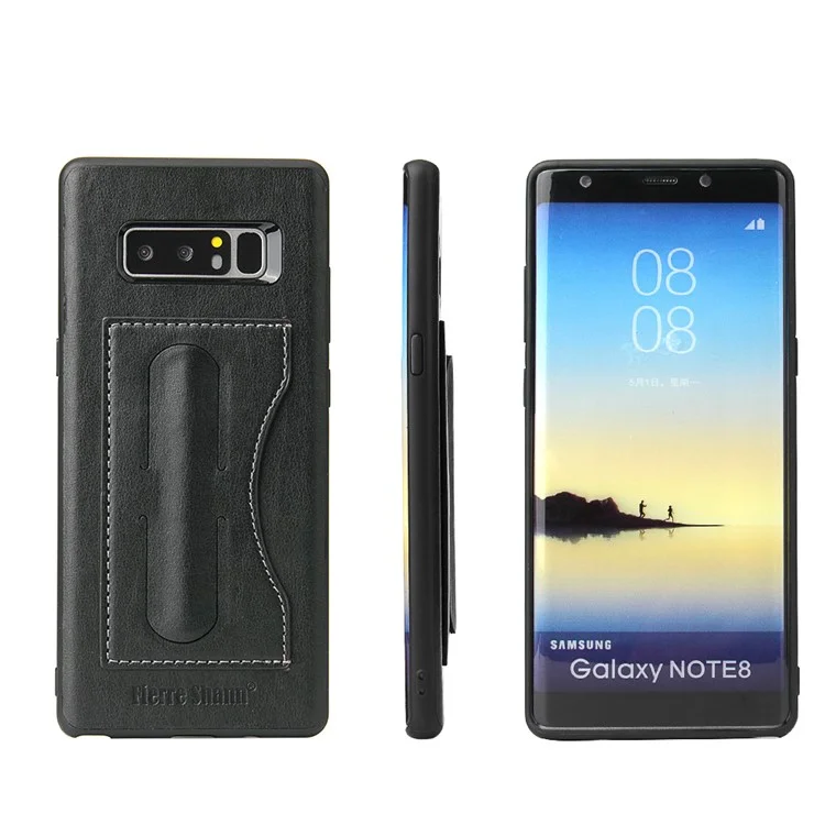 FIERRE SHANN Leather Coated PC TPU Card Holder Kickstand Case for Samsung Galaxy Note 8 SM-N950 - Black