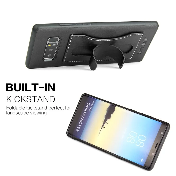 FIERRE SHANN Leather Coated PC TPU Card Holder Kickstand Case for Samsung Galaxy Note 8 SM-N950 - Black