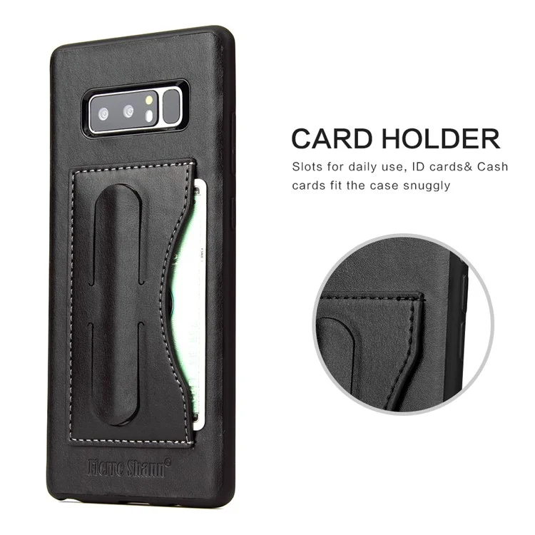 FIERRE SHANN Leather Coated PC TPU Card Holder Kickstand Case for Samsung Galaxy Note 8 SM-N950 - Black