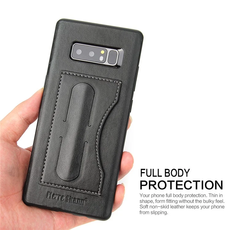 FIERRE SHANN Leather Coated PC TPU Card Holder Kickstand Case for Samsung Galaxy Note 8 SM-N950 - Black