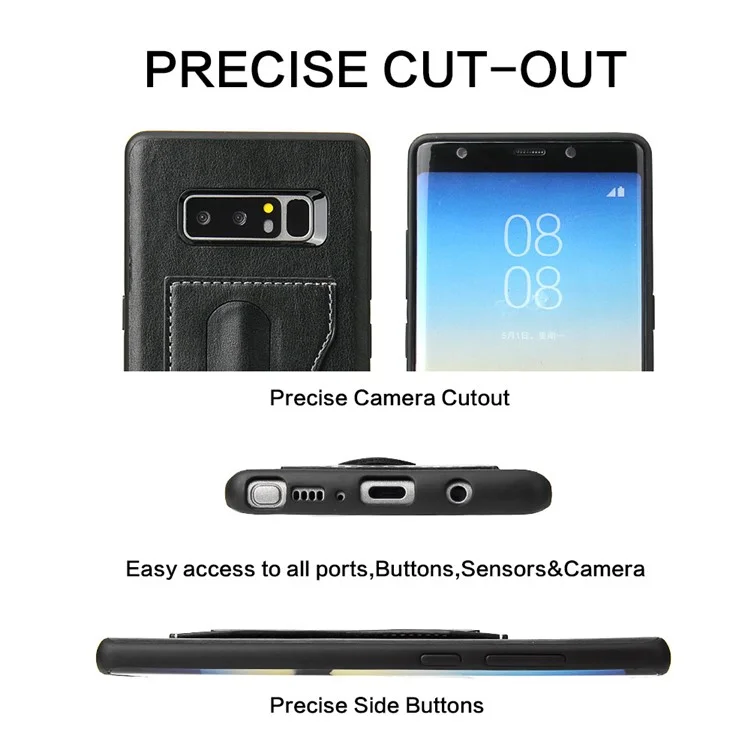 FIERRE SHANN Leather Coated PC TPU Card Holder Kickstand Case for Samsung Galaxy Note 8 SM-N950 - Black