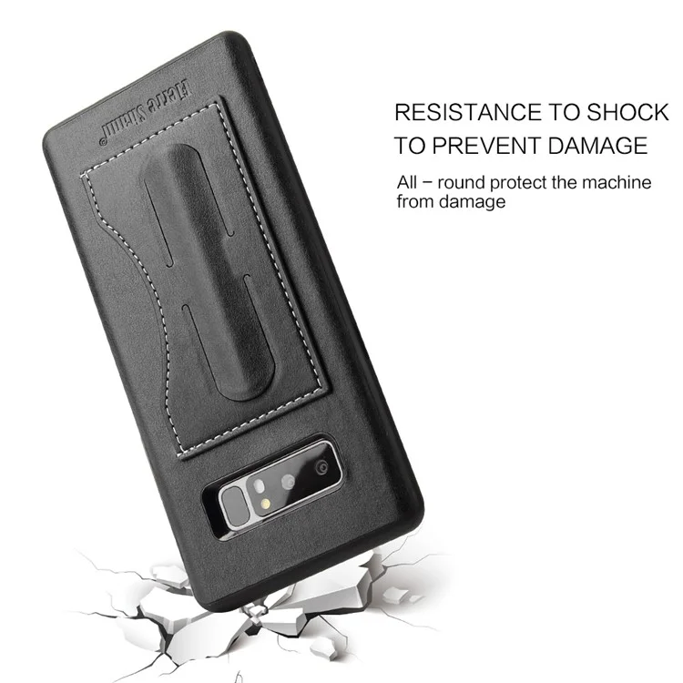 FIERRE SHANN Leather Coated PC TPU Card Holder Kickstand Case for Samsung Galaxy Note 8 SM-N950 - Black