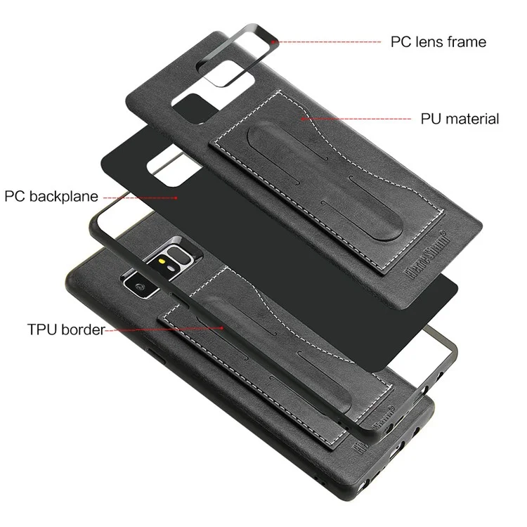FIERRE SHANN Leather Coated PC TPU Card Holder Kickstand Case for Samsung Galaxy Note 8 SM-N950 - Black