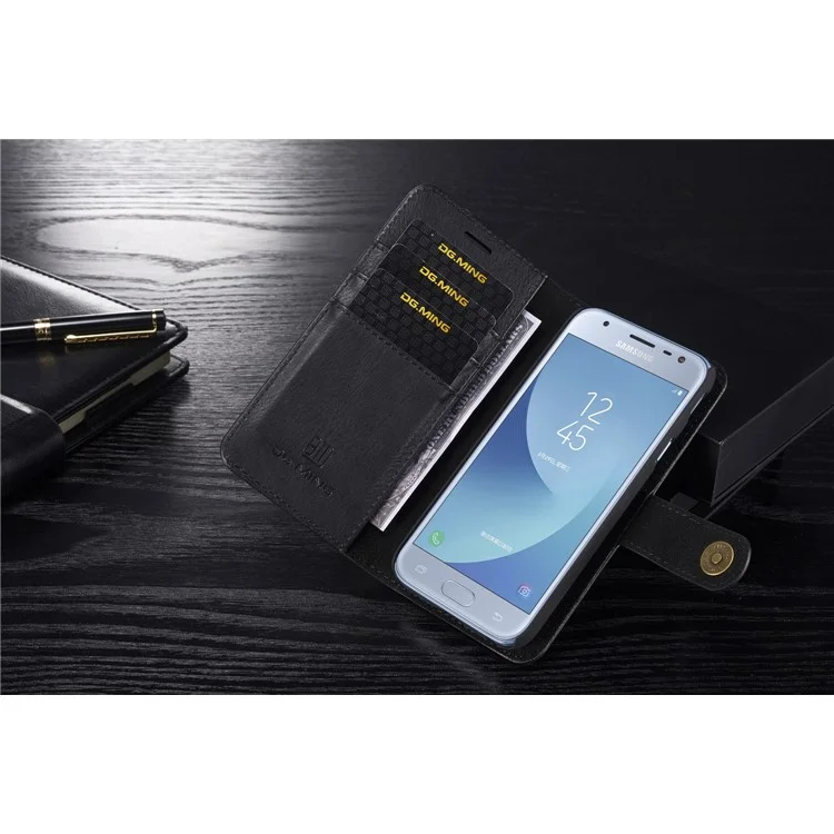 DG.MING Detachable 2-in-1 Split Leather Wallet Cover + PC Back Case for Samsung Galaxy J3 (2017) EU Version / J3 Pro (2017) - Black