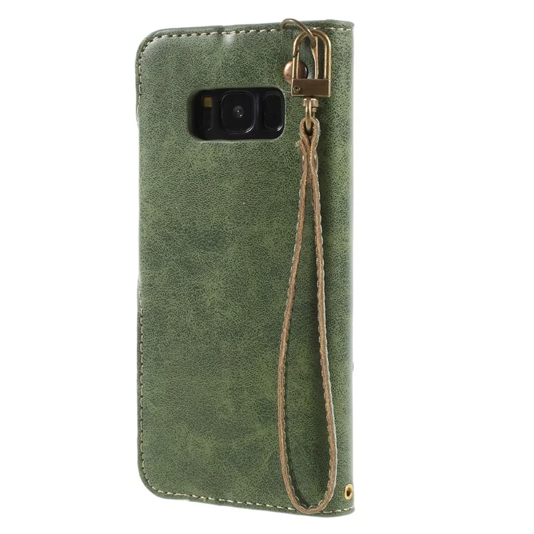 For Samsung Galaxy S8 G950 Retro Style Rose Pattern Flip Wallet Stand Protective Case with Strap - Green