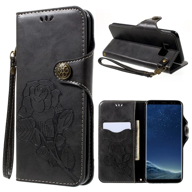 Retro Style Rose Pattern Flip Phone Case Accessory with Card Slots for Samsung Galaxy S8 Plus G955 - Black