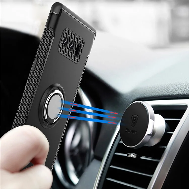 Magnetic Car Mount Ring Holder Kickstand Carbon Fiber Texture TPU PC Hybrid Case for Samsung Galaxy Note 8 SM-N950 - Black