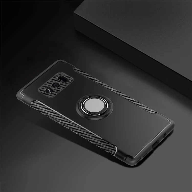 Magnetic Car Mount Ring Holder Kickstand Carbon Fiber Texture TPU PC Hybrid Case for Samsung Galaxy Note 8 SM-N950 - Black