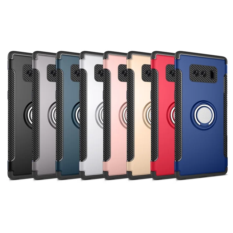 Magnetic Car Mount Ring Holder Kickstand Carbon Fiber Texture TPU PC Hybrid Case for Samsung Galaxy Note 8 SM-N950 - Black