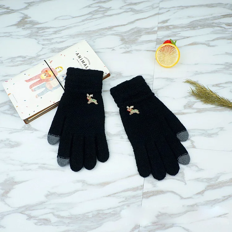 Full-finger Touchscreen Texting Gloves Warm Winter Embroidered Dog Knitted Gloves - Black