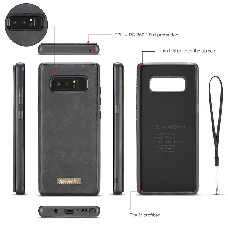 CASEME 2-in-1 Detachable Wallet Split Leather Case for Samsung Galaxy Note 8 SM-N950 - Black