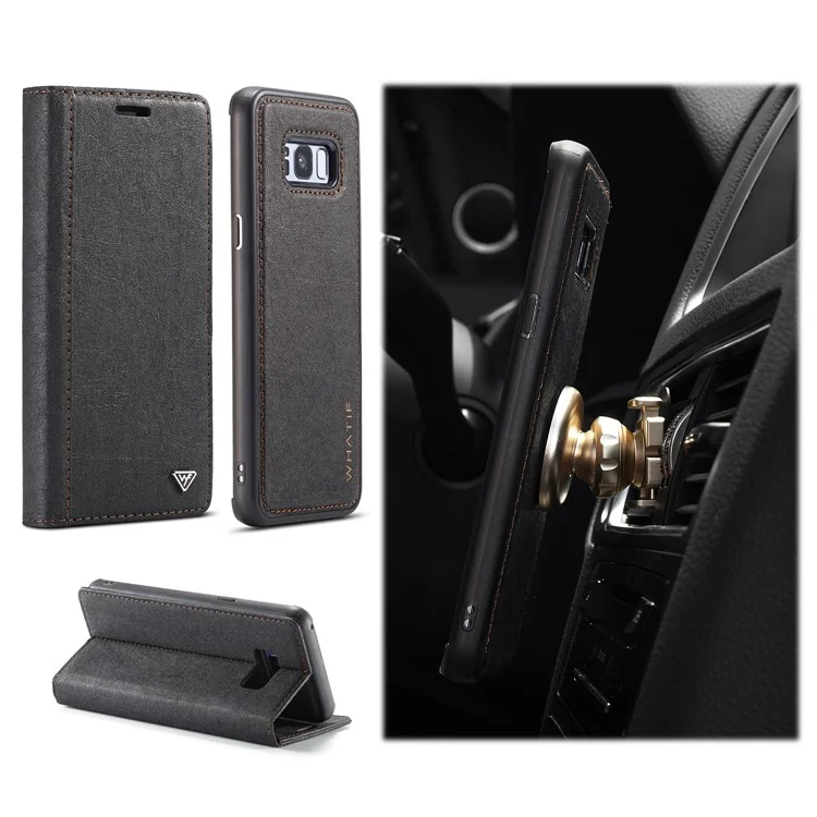 WHATIF DIY Brown Paper PU Leather Wallet Cover + Detachable PC + TPU Hybrid Case for Samsung Galaxy S8+ SM-G955 - Black
